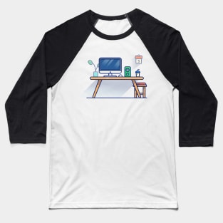 Table, Monitor, Mouse, Speaker, Plant, Calendar, Cup, And Chair Cartoon Baseball T-Shirt